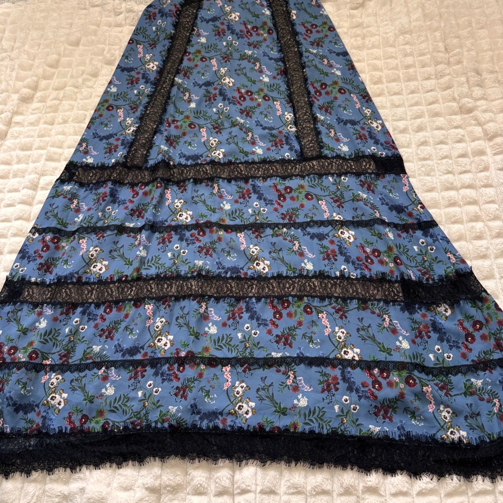 Alice + Olivia 6 Gatz Blue Floral Lace Trim Maxi Dress Peasant Boho Festival - Picture 4 of 9